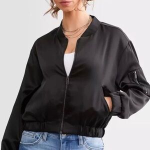Stoosh Black Satin Cropped Bomber Flight Jacket Versatile Wardrobe Staple XL NWT